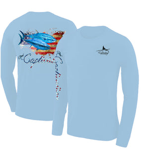 Patriot Tuna Design - Two Tunas Swim Across a U.S. Flag - Carolina Blue Men's Crew Neck