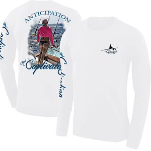 Anticipation Design - White, Woman Looks over Open Water Design, Mens Crew Neck Long Sleeve
